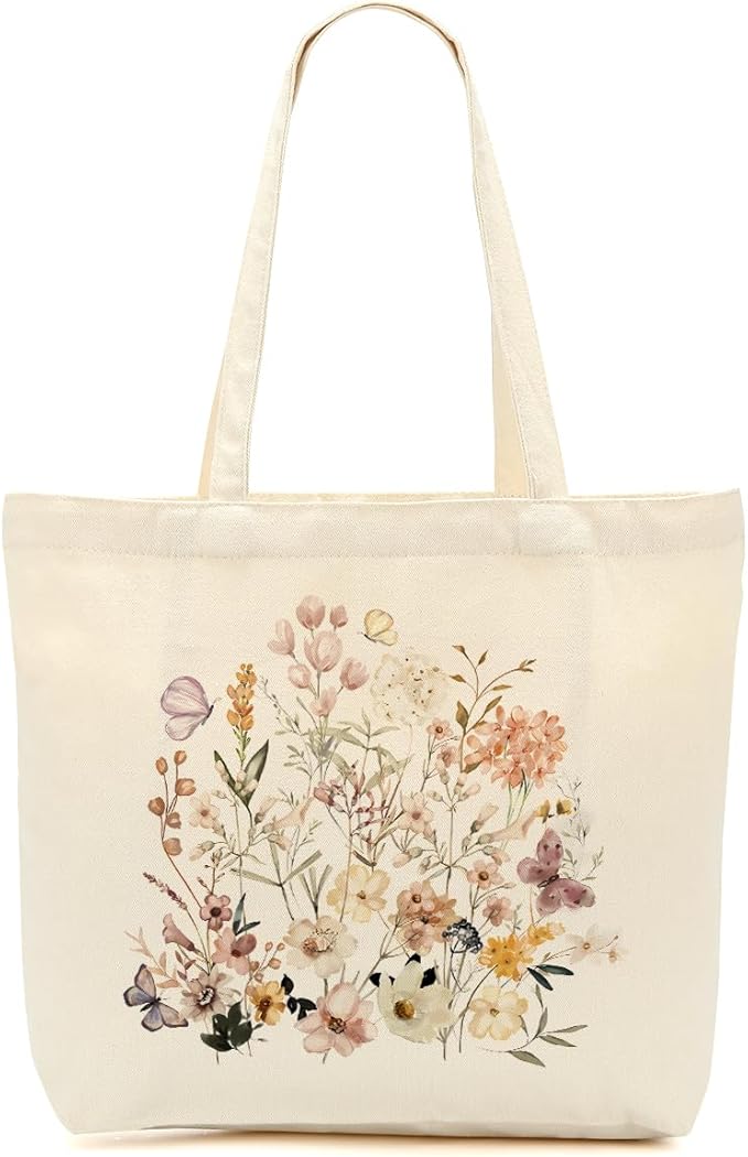 Aesthetic Floral Canvas Tote Bag for Women with Pocket, Tote Bags for Grocery Shopping Travel Christmas Birthday