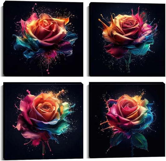 Pankila Colorful Rose Wall Art Rose Floral Pictures Canvas Prints Abstract Rose Flower Wall Decor for Living Room Bedroom Bathroom Home Decorations Framed Artwork (20''W x 20''H x 4)