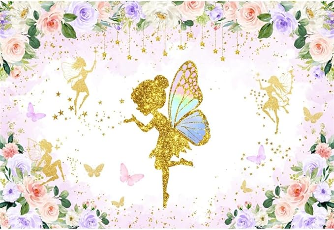 Renaiss 12x8ft Floral Fairy Backdrop Pink Gold Flower Butterflies Golden Glitter Princess Fairy Birthday Party Photography Background for Girl Baby Shower Decor Photo Studio Props