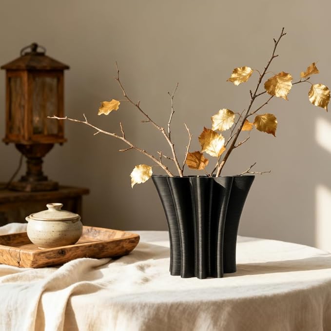 Contemporary Black Ceramic Vase, Abstract Irregular Shape Sculptural Accent for Home Decor, Modern Artistic Centerpiece for Coffee Table or Bookshelf