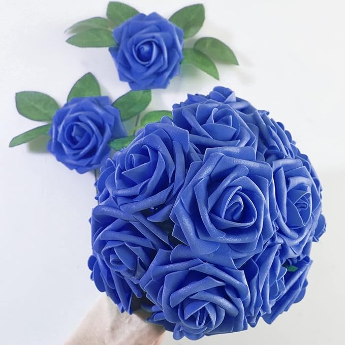 homEdge Artificial Rose, 25pcs Foam Artificial Flowers with Stem for Home Decorations, Wedding Bouquets, Party, Certerpieces, Anniversaries-Royal Blue