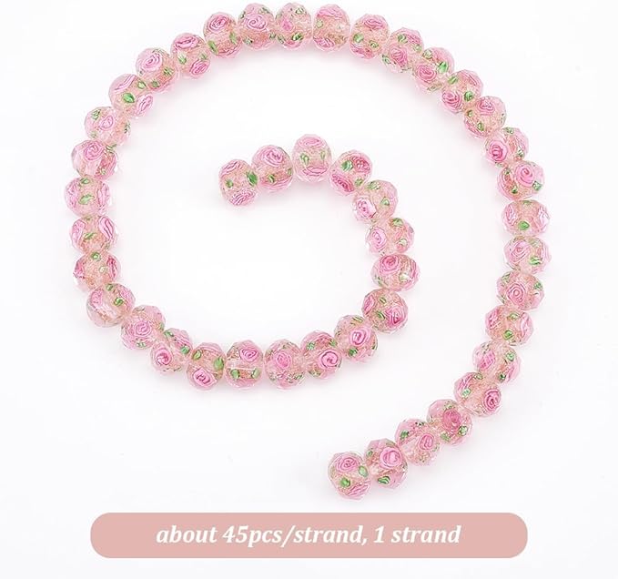 PH PandaHall 45pcs 11~12mm Gold Sand Lampwork Beads Glass Handmade Round Loose Beads for Rosary Making Jewelry Craft Making with 2mm Hole - Gloden Pink