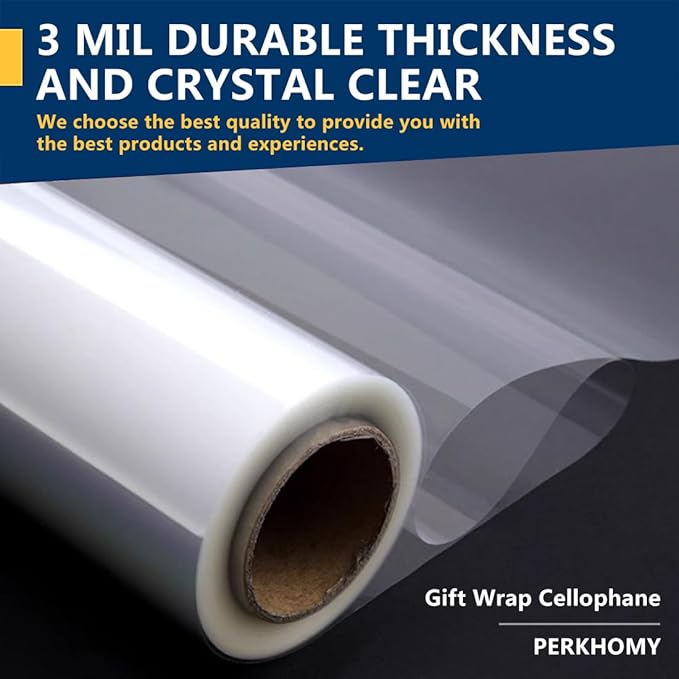 PerkHomy Folded Clear Cellophane Wrap Roll 35" x 70' 3 Mil Thick Cellophane For Gift Basket Treats Goodie Wrapping Craft Flower Bouquet Plastic (35" fold into 17.5")