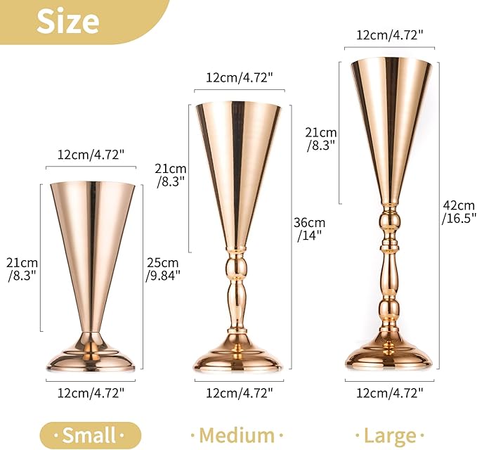 10 Pcs Tabletop Metal Wedding Flower Trumpet Vase, 9.8 inch Table Decorative Centerpiece Artificial Flower Arrangements for Anniversary Ceremony Party Birthday Event Aisle Home Decoration, Gold