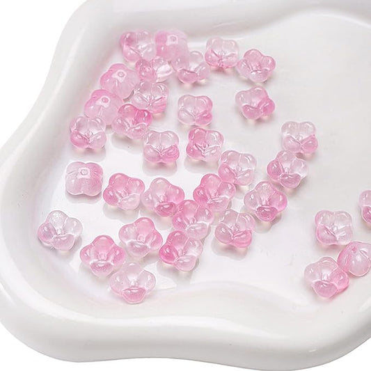 100PCS Glass Flower Beads for Jewelry Making 4 Petal Flower Bead Caps Gradient Cute Floral Beads Aesthetic Charms for Necklace Bracelets Earrings DIY Craft Home Decoration-Pink