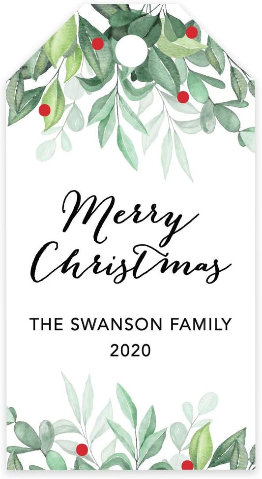 Andaz Press Personalized Christmas Holiday Season Classic Gift Tags, Merry Christmas Custom Family Name and Year, Watercolor Holly Leaves Design, for Holiday Events, Parties, and Favors, 60-Pack