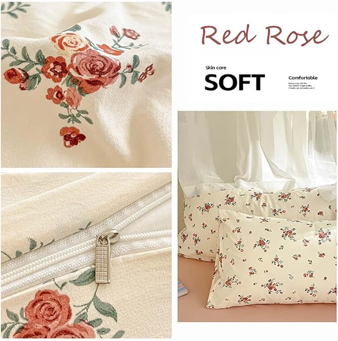Nayoroom Vintage Floral Duvet Cover Queen Size Red Rose Flower Green Botanical Cottagecore Bedding Set 3 Pieces Soft Lightweight Washed Microfiber Spring Duvet Cover Gifts for Women Girls