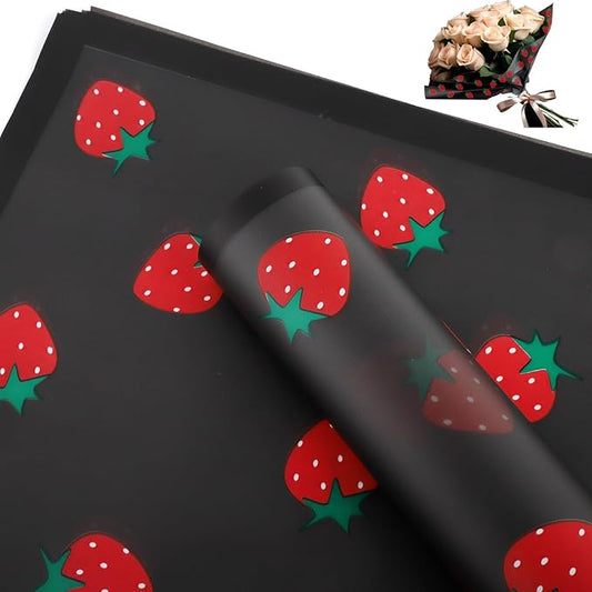HLTOO 20 Sheets Flower Wrapping Paper, Bouquet Floral Packaging Paper with Strawberry Pattern, for Wedding, Party, Mother's Day, Birthday, and DIY Craft Florist Supplies (BlackBlack)