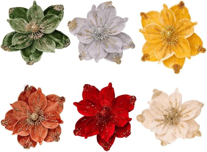 Set of 4 Gold Glitter Christmas Floral Decorations with Soft Flannelette, 15x26cm Artificial Flowers for Holiday Tree Ornaments, Wreaths, and Festive Tabletop Arrangements