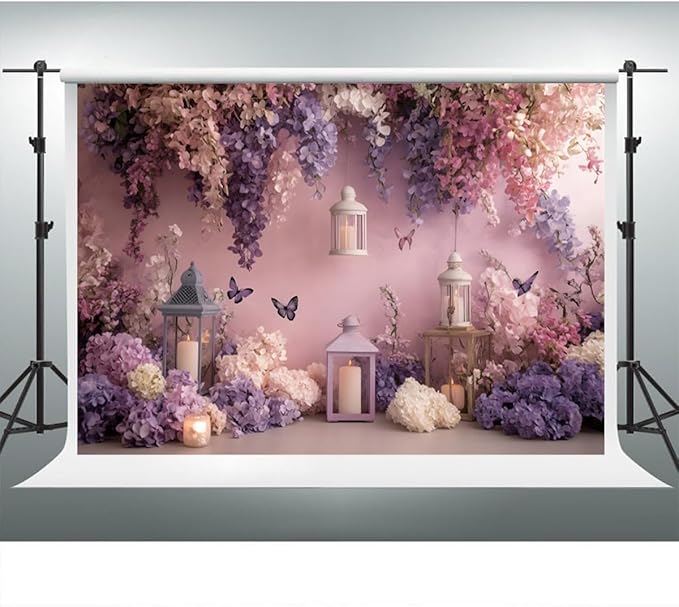 YongFoto Elegant Flower Wall Backdrop 8x6.5ft Floral Butterfly Candle Photography Background Baby Bridal Shower Wedding Girl Birthday Party Banner Room Decor Portrait Photoshoot Wallpaper Photo Booth