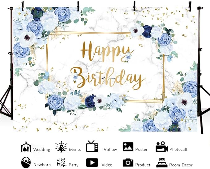 MEHOFOND 10x7ft Happy Birthday Backdrop Blue and White Flowers Bday Photography Background Girls Geometric Gold Glitter Dots Birthday Floral Party Decorations Cake Smash Decor Studio Photo Props