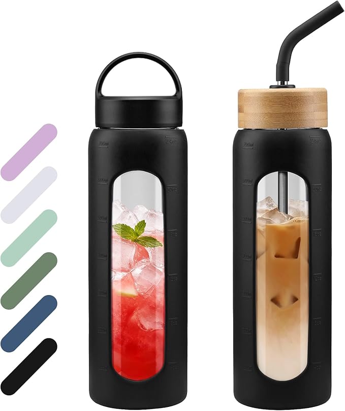 24 oz Glass Water Bottle, Glass Tumbler with Straw, Reusable Drinking Bottles with 2 Lids-Handle Lid&Bamboo Straw Lid, Silicone Sleeve, for Sports, Home,1 Pack-Black