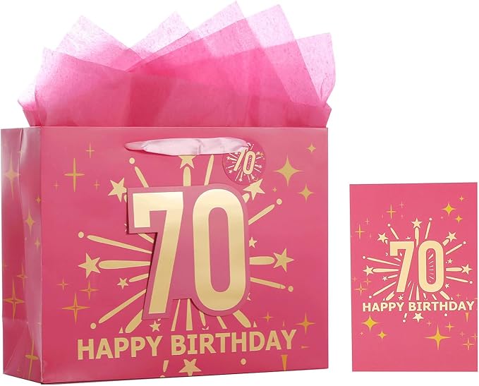 Bloomwords 70th Birthday Gift Bag Set with Card & Tissue – 13" Elegant Keepsake Party Bags for Unisex Anniversaries, Gift Wrapping & Celebrations(Pink)