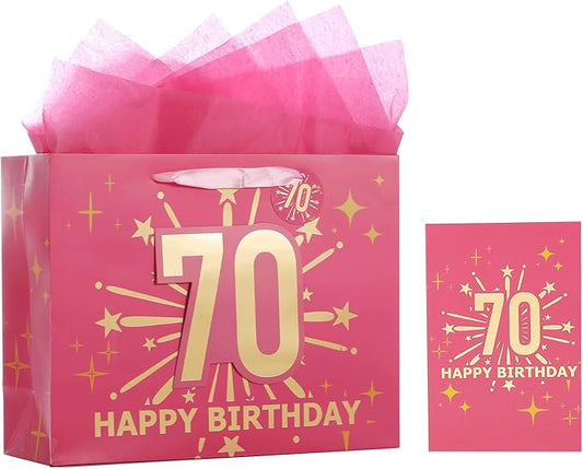 Bloomwords 70th Birthday Gift Bag Set with Card & Tissue – 13" Elegant Keepsake Party Bags for Unisex Anniversaries, Gift Wrapping & Celebrations(Pink)