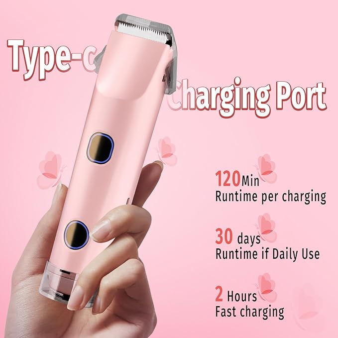 2-in-1 Bikini Trimmer for Women, Bikini Shaver with Dual Heads, Body and Facial Hair Removal, Cordless Rechargeable Electric Razors for Face Chin Pubic Underarm Legs, IPX7 Waterproof, Pink