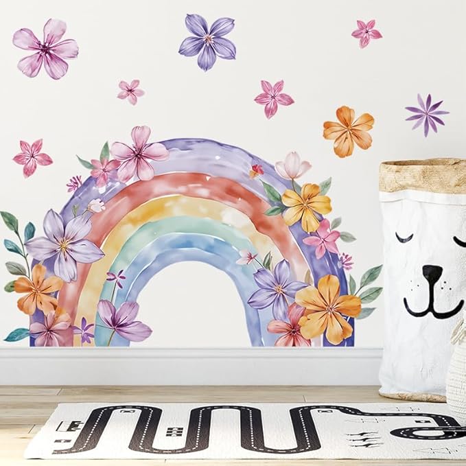 Rainbow Wall Decals & Flower Wall Decals – 2 Sheets Large Wall Stickers for Living Room, Bedroom, Nursery, Kids Playroom – Easy Peel & Stick, Waterproof, Removable Rainbow Christmas Decor