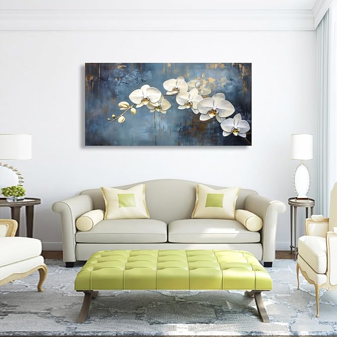 Abstract White Butterfly Orchid Canvas Wall Art for Living room Office Bedroom Flowers Wall Art Print Oil Paintings Modern Blue Gold Rain Mist Pictures Wall Decor Artwork Ready to Hang - 70in * 35inch