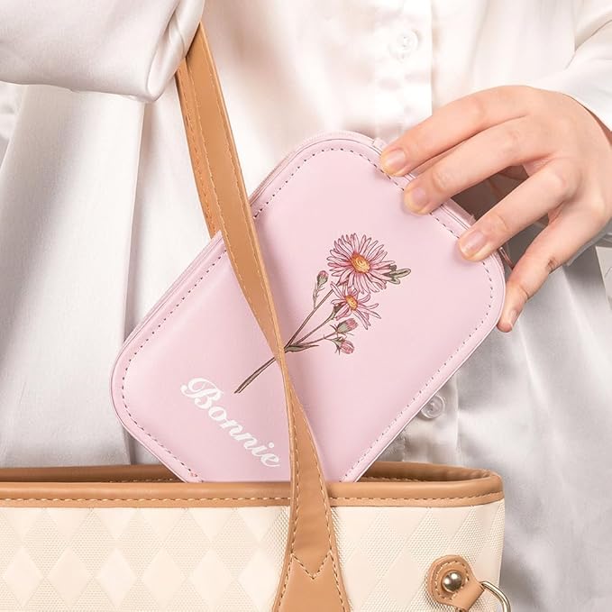 callie Personalized Travel Jewelry Case-Mirror & LED 3 Adjustable Light, Custom Birth Flower Makeup Jewlery Box with Name, Wedding Birthday Gift for Women