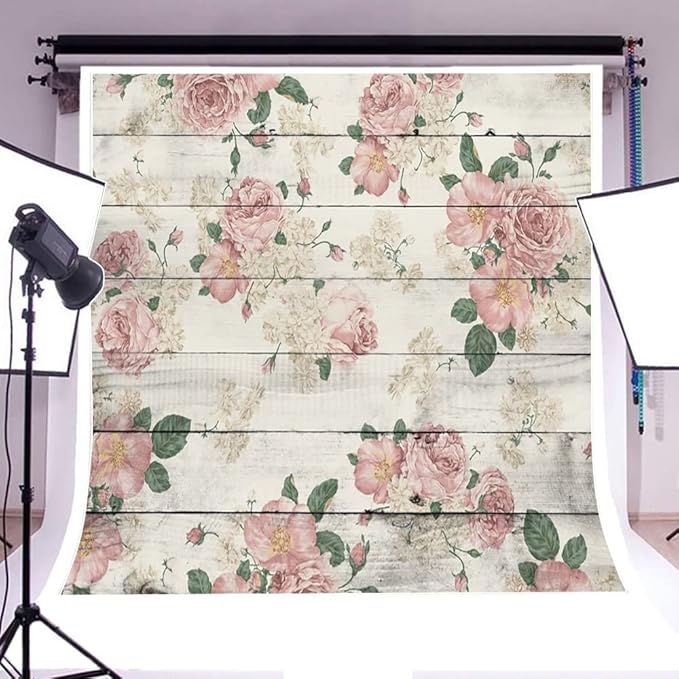 AOFOTO 8x8ft Vintage Wood Plank with Rose Floral Photography Backdrop Retro Pink Roses on Wooden Board Rustic Wedding Background Lady Woman Artistic Portrait Valentine's Day Photoshoot Studio Props