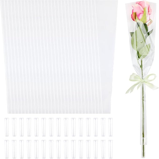 200 PCS Single Flower Sleeves Wrapping Bags with Floral Water Tubes for Bouquets, Single Rose Florist Bouquet Packaging Bags for Birthday Valentines Day, Wedding, Mother's Day Gifts