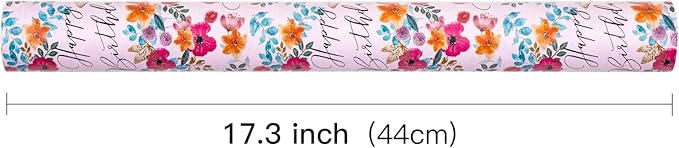 LeZakaa Happy Birthday Wrapping Paper Roll for Girls Women, Pink Floral & Butterfly, Birthday Party Gift Wrap for Girl, Women, Female, Mini Roll, 17 In x 32.8 Ft