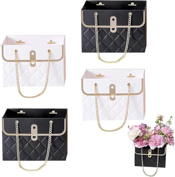 NADUSEP 4 PCS Flower Paper Gift Bag, Bouquet Storage Bucket Florist Handbag with Metal Chain, Wedding Gift Wrap Bag Flower Boxes for Graduation Wedding Valentine's Day Mother's Day Birthday Festivals Party Bridal Shower Anniversary Thanksgiving Christmas