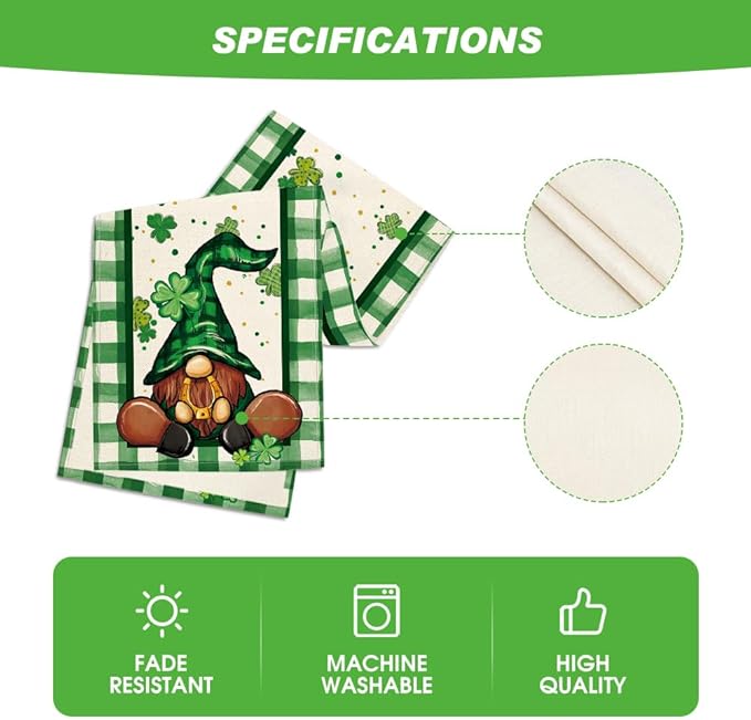 Artoid Mode Shamrock Lucky Buffalo Plaid Gnomes St. Patrick's Day Table Runner, Kitchen Dining Table Decor for Outdoor Home Party Decor 13 x 36 Inch