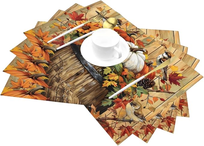 PVC Placemats Set of 6 Wipeable Table Mats Washable Heat Resistant Non Slip Vinyl Dining Table Mat for Kitchen Indoor Outdoor Patio Farmhouse Place Mats Retro Wooden Fall Bird Decorative
