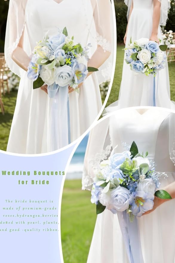 Dusty Blue & White Wedding Bouquets for Bride Bridesmaids, Bridal Bouquet for Wedding Silk Artificial Flowers