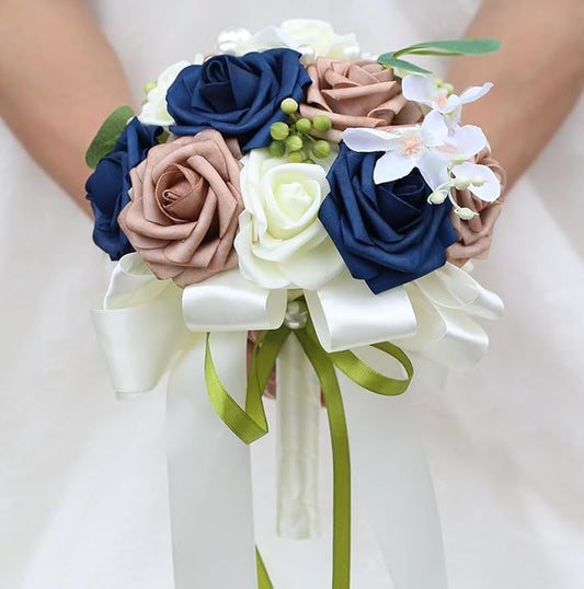 Lightweight Bridal Wedding Bouquet Round Holding Bouquet Throw Toss Artificial Rose Flower Bunch for Bride Bridesmaid Wedding Quinceanera (Cream, Navy & Rosy Brown, 6.7")