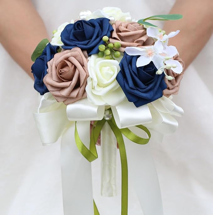 Lightweight Bridal Wedding Bouquet Round Holding Bouquet Throw Toss Artificial Rose Flower Bunch for Bride Bridesmaid Wedding Quinceanera (Cream, Navy & Rosy Brown, 7.9")