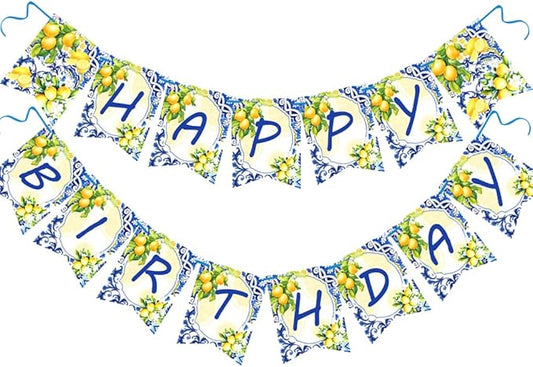 Letjolt Lemon Happy Birthday Banner Blue Girls Birthday Flag Summer Theme Party Signs Baby Shower Decorations Supplies for Women 13 pcs