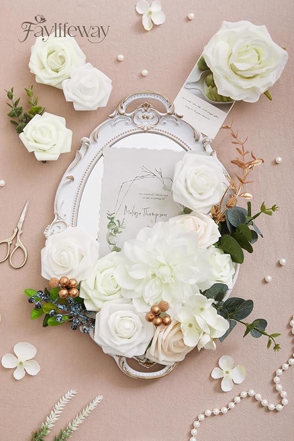 Artificial Flowers, 2PCS White Silk Flowers with Stems for DIY Wedding Bridal Bouquets Baby Shower Floral Arrangement Table Centerpieces Home Decoration