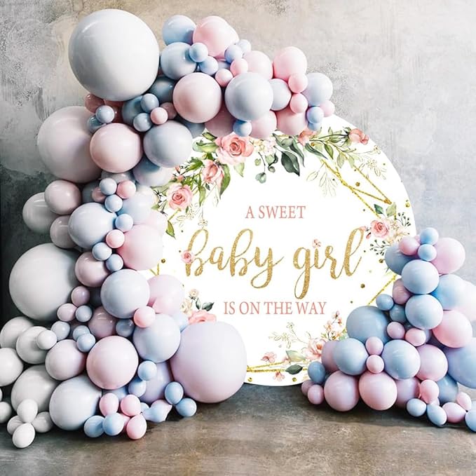 Baby Shower Backdrop - 7.5ft Pink Floral Circle Background with Green Leaves - Baby Girl Shower Decor