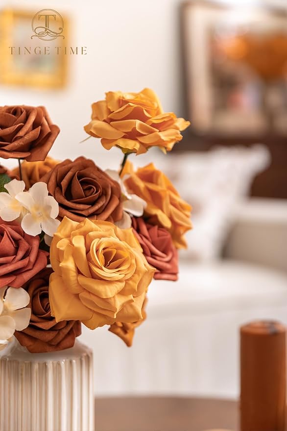 TINGE TIME Artificial Flowers Combo Set, Gradient Color Flower Leaf with Stems for DIY Wedding Bouquets Centerpieces Baby Shower Party Home Decorations(Orange and White)