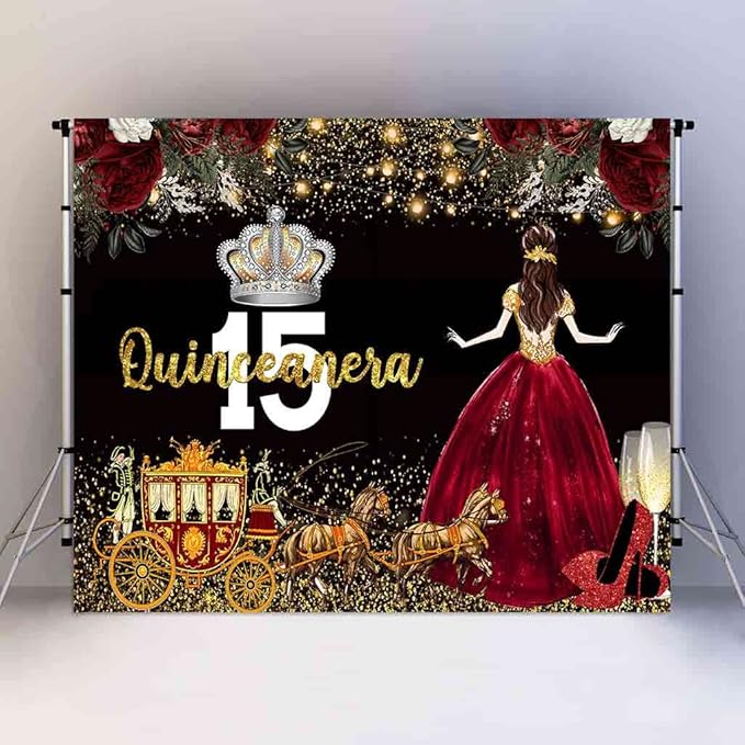 Red Dress Rose Flower Backdrops Quinceanera Birthday Backdrop for Girl Princess Happy 15th Bday Carriage Photography Props Cake Table Banner 7x5ft RBJLSLU36