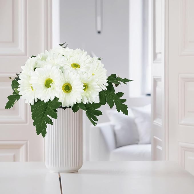 IPOPU 2 Bundles Artificial Gerbera Daisy Flower 14 Heads White Fake Chrysanthemums with Stems Faux Silk Daisy Flower for Wedding Bridal Bouquet Floral Arrangements Home Table Centerpiece Decor (White)