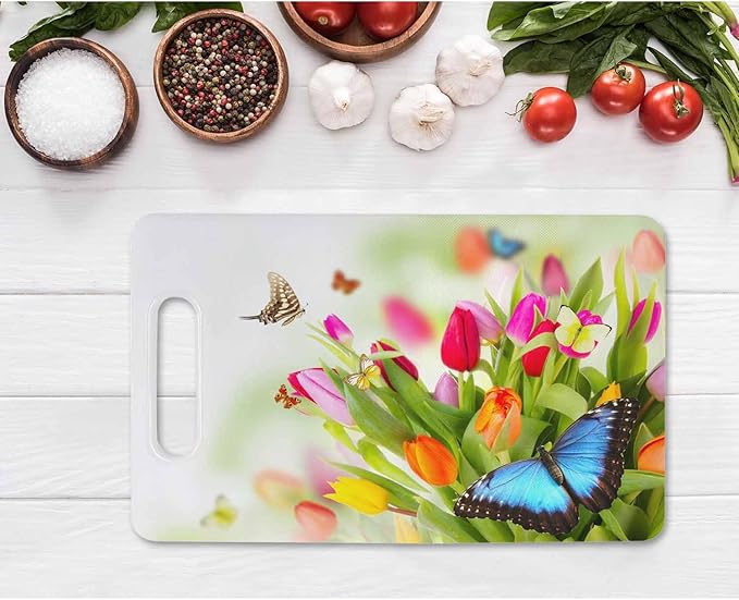 Tulips Bouquet Cutting Board with Handles Beautiful Butterflies Colorful Cutting Boards Plastic Safe Chopping Board for Kitchen 16" x 10" x 0.24"