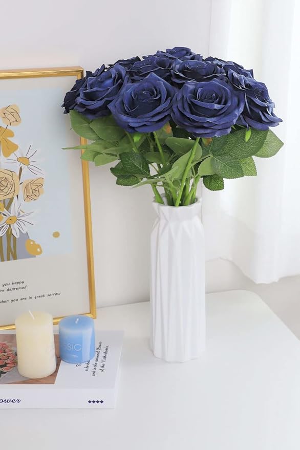 Artificial Rose Flower Navy Blue Flowers Navy Blue Roses Silk Flowers 30 pcs with Long Stem Silk Roses Bouquet for Wedding Bridal Shower Party Home Decoration