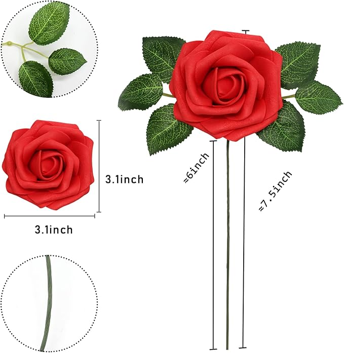 Artificial Roses Flowers 50pcs Real Looking Foam Fake Roses with Stems for DIY Wedding Bouquets Bridal Shower Centerpieces Party Decorations (50, Red)