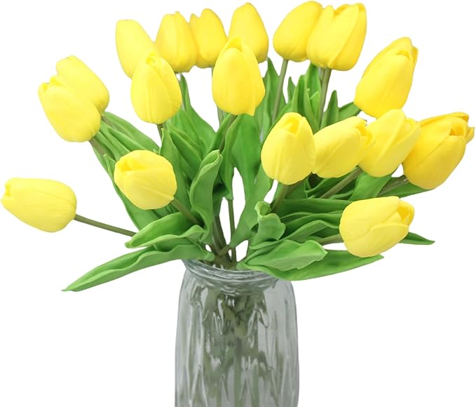 10-Heads Artificial Flowers Home Decor Mini Tulip Real Touch Tulips Wedding Bouquets for Bride (Yellow)