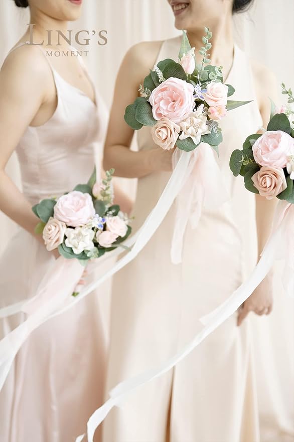 Ling's moment Artificial Flowers Pink Bridesmaid Bouquet Set of 6, Blush & Cream Wedding Flowers Bouquets for Bridesmaids, 7 Inch Bridal Bouquets for Bridesmaids, Wedding, Ceremony, Anniversary, etc