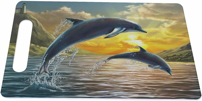 Dolphins Cutting Board with Handles Dolphins Jumping Sea Over A Beautiful Sunset Cutting Boards Plastic Safe Chopping Board for Kitchen 16" x 10" x 0.24"