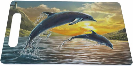 Dolphins Cutting Board with Handles Dolphins Jumping Sea Over A Beautiful Sunset Cutting Boards Plastic Safe Chopping Board for Kitchen 16" x 10" x 0.24"