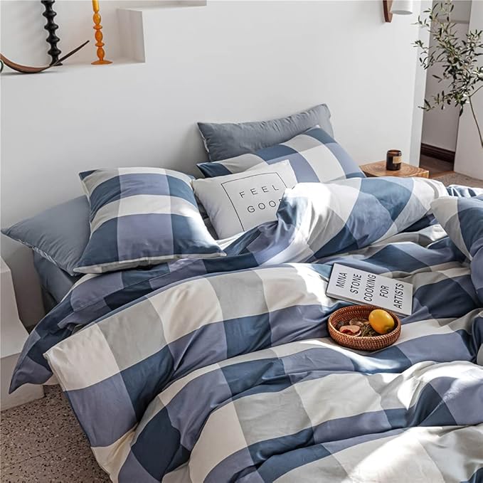 LifeTB Twin XL Comforter Set Modern Style Plaid Checkered Pattern Comforter Soft Fluffy Blue White Grey Geometric Comforter with 2 Pillowcases for Men Boy Teen All Seasons Comforter Set Twin XL Size