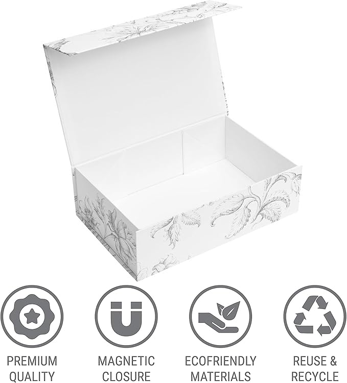 Luxury Keepsake Gift Box 3-Pack | Silver Floral Decorative Boxes with Magnetic Lids for Presents, Wedding Memory Box, and Bridal Gifts. 11.5" x 7.5" x 3.5"