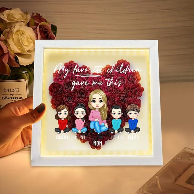 Personalized Mom Flower Shadow Box with LED Light Custom Heart Shaped Rose Flower Shadow Box Frame Mother and Daughter A Bond That Can't Be Broken Mother's Day Portrait Shadowbox Memory Gifts