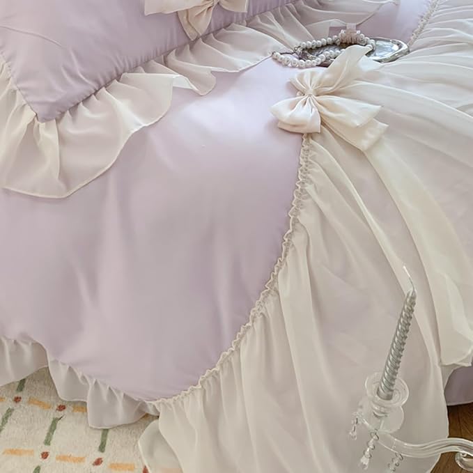 Ruffled Bedding Bow Duvet Cover Set with Butterfly Tie, Soft Brushed Microfiber Shabby Chic Bedding Set with Zipper Closure-Pureple,Full Size