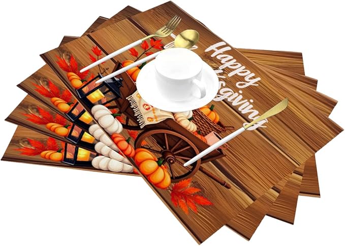 PVC Placemats Set of 1 Wipeable Table Mats Washable Heat Resistant Non Slip Vinyl Dining Table Mat for Kitchen Indoor Outdoor Patio Farmhouse Place Mats Thanksgiving Pumpkin Cart Decorative