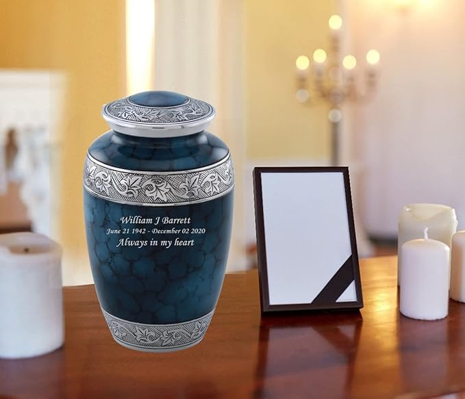 MEMORIALS 4U Custom Engraved Cremation Urn - Handcrafted Urn for Human Ashes - Affordable Urn for Ashes with Velvet Bag (Classic Cloud Blue)